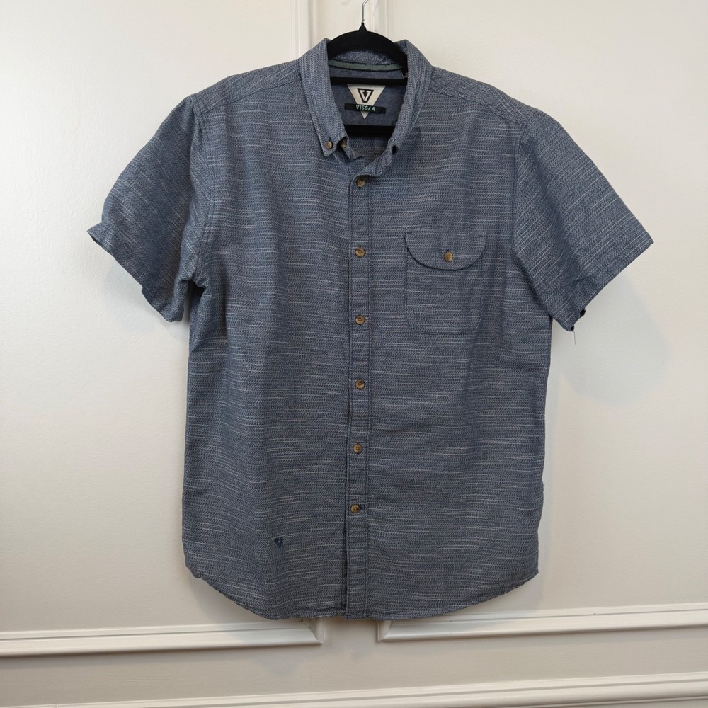Vissla‎ Mens Medium Blue Textured Stripe Short Sleeve Button Down Surf Shirt